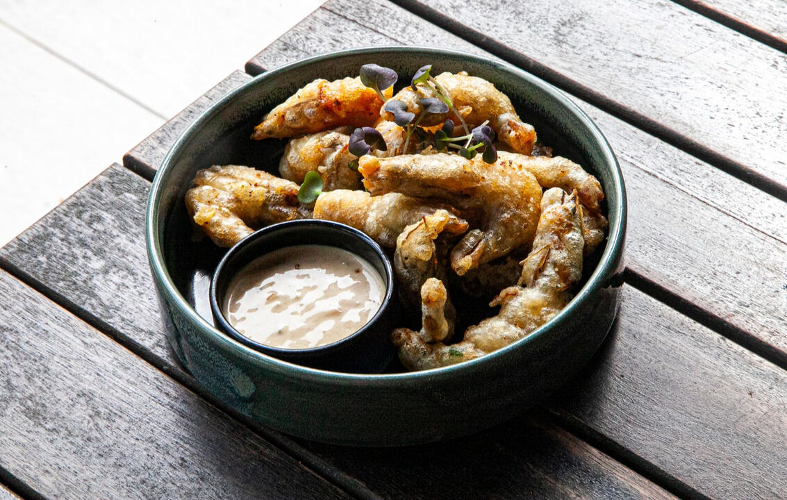 Battered prawn poppers with tajin &amp; yuzu miso